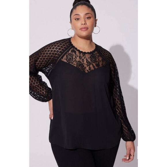 Torrid Georgette Mix, Long Lace Sleeve Womens Black Crew Neck Top Plus Size 5X - Picture 1 of 13